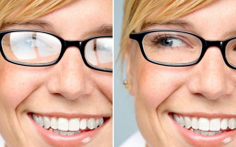 The image of a woman with glasses and AR coating